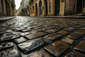 a wet cobblestone road with buildings in the background