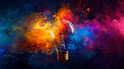 Vibrant light bulb surrounded by swirling colorful energy - obrazy, fototapety, plakaty