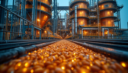 Biorefinery operation within the renewable fuel factory, with tanks filled with oily seeds for processing into biodiesel, ecological biogas, gasoline, gas using environmentally friendly techniques.  - obrazy, fototapety, plakaty