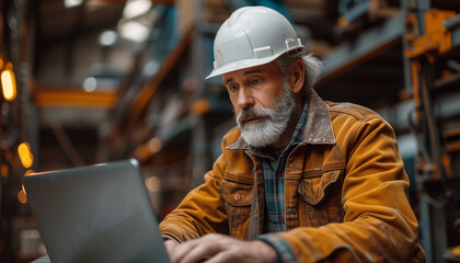 Mature architect wearing white construction helmet, hardhat and safety working on laptop in construction area