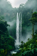 Majestic Waterfall Amidst Vast Green Forest: A Vision of Natural Splendor