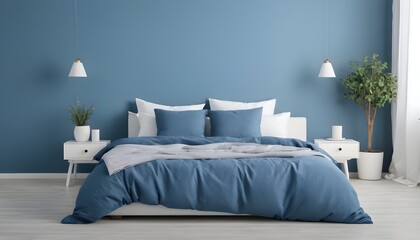 White pillows, duvet and duvet case on a blue bed. White bed linen on a blue sofa. Bedroom with bed and bedding and poster frame mock up on the wall. Left side view.