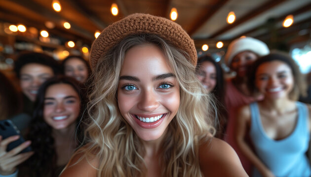 Smiling multirace friends posing to camera phone in the bar, making selfie. Concept of friendship, joyness