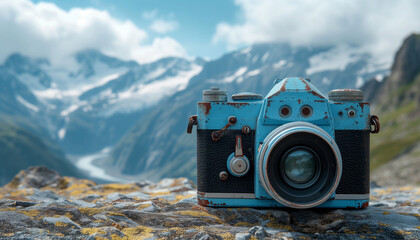 World photography day . Retro new camera with mountains on the background