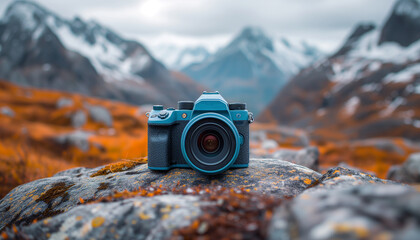 World photography day . Modern new camera with mountains on the background