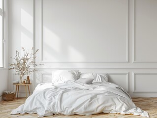 Fototapeta na wymiar Home mockup wall white cozy bedroom interior with bed