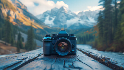 World photography day . Modern new camera with mountains on the background - obrazy, fototapety, plakaty