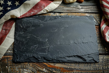 Rustic American Flag and Empty Slate Board on Wooden Surface