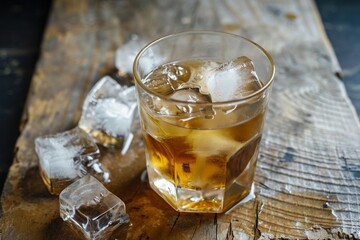 a glass of ice and amber liquid