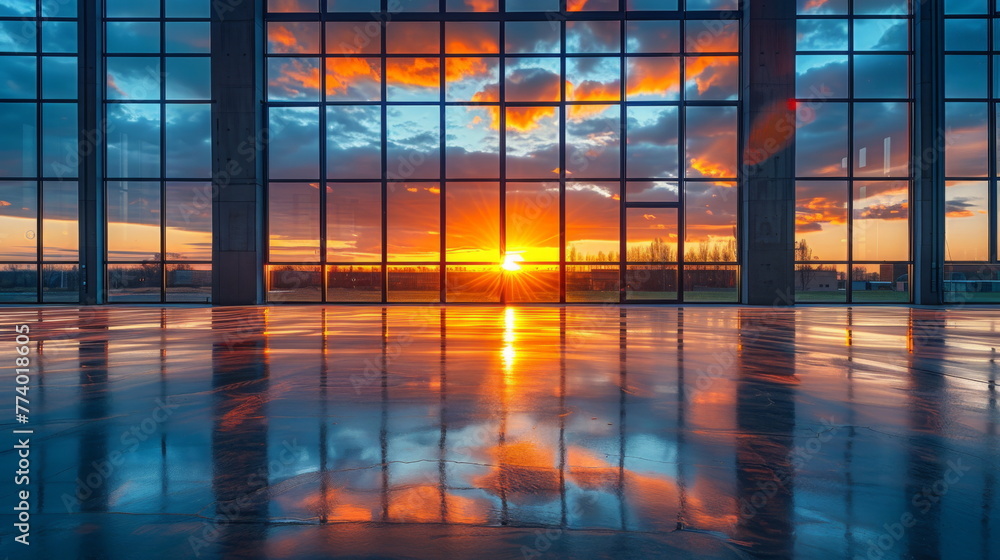 Poster sun setting through windows of building