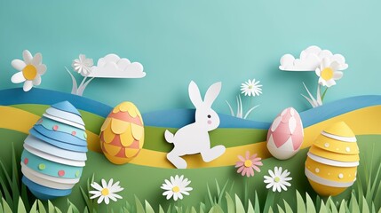 A paper bunny and Easter eggs are surrounded by flowers and plants in a happy meadow. The natural...