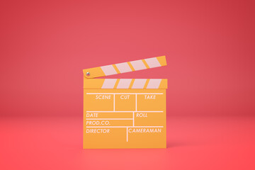 Movie clapperboard on red minimalist scene - obrazy, fototapety, plakaty