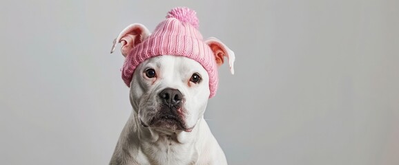 Portrait of white staffordshire bull terrier in pink hat sitting in front of white background. Cool dog. Copy space - obrazy, fototapety, plakaty