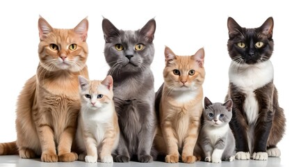 close up group of cats of different breeds sitting in a raw in a white background