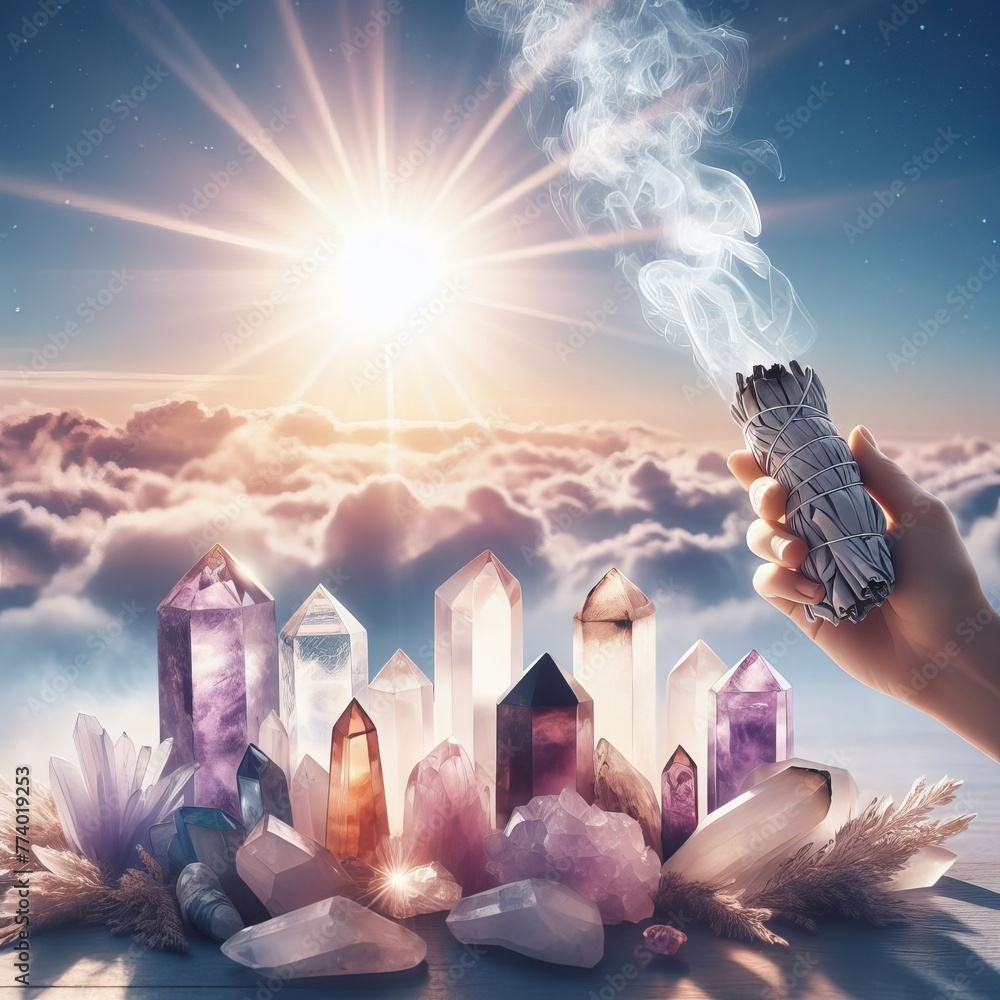 Poster hand performing a smudging ritual with white sage amidst crystal points, set against a tranquil suns