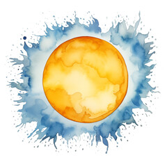 Yellow sun on a white background. Watercolor illustration. PNG cutout.