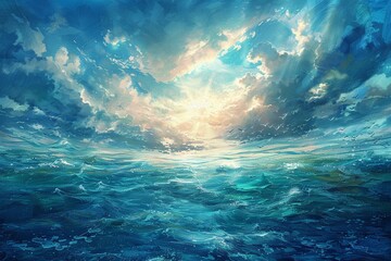 Fototapeta na wymiar Ethereal ocean in surrealistic painting, dreamlike marine fish floating, imaginary and mystical underwater world