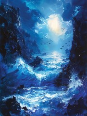 Surrealistic painting of an ocean with marine fish, dreamlike and imaginary, blending aquatic wonders in a fantastical scene