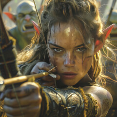 Close-up of elf's determined face as they notch an arrow, orcs in background, dusk lighting - obrazy, fototapety, plakaty