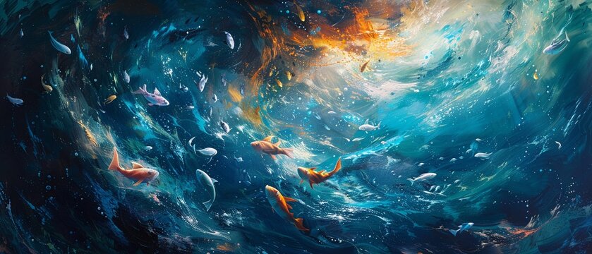 Imaginary surrealistic ocean scene in painting, marine fish swirling in dreamlike waters, vibrant and mystical