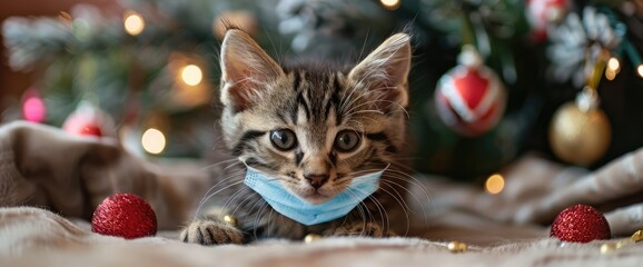 tabby kitten with christmas decorations and mask