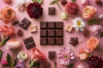 Elegant Assortment of Chocolates and Flowers on a Pink Background