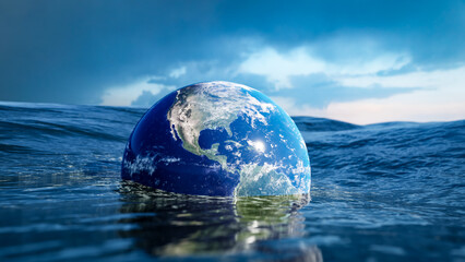 Global warming causes extreme weather conditions, raising sea levels and causing floods. 3d rendering