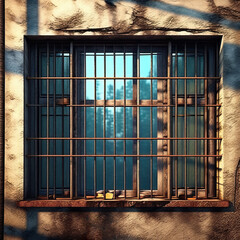 Window with old prison bars. View from a prison cell.