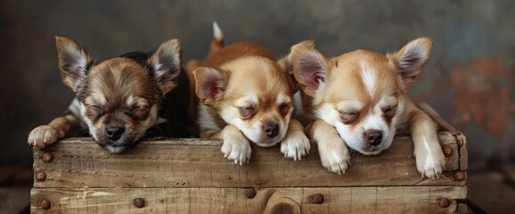 Three little , lovely, cute domestic breed mammal chihuahua puppies friends sitting and lying on...