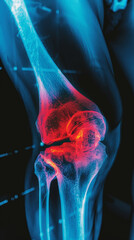 Blue x-ray photograph of knee pain, pain glows red. Trauma concept. Medical checkup. Generative AI - obrazy, fototapety, plakaty