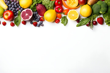 assorted colorful fruits and vegetables arranged on a white background with space for text. Generative AI