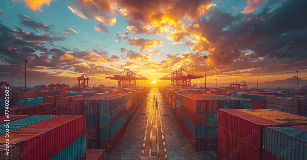 Poster setting sun above large container yard