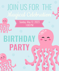 Cute birthday invitation with aquatic octopuses