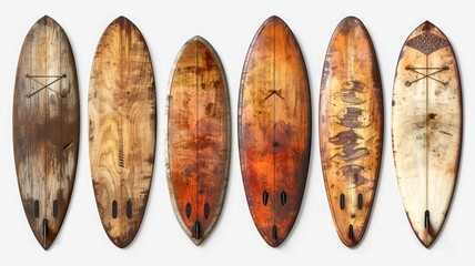 Vintage wooden surfboards in a collection, isolated on a white background
