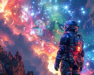 Fototapeta premium Space explorer in pixel armor discovering a pastel nebula, clipcat stars, watercolor void, first-person view