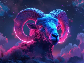 Store enrouleur occultant sans perçage Tailler A neon ram lights up the dark a symbol of Aries courage in a stark zodiac landscape where stars whisper fates. Generative ai.