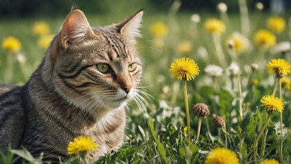 beautiful tabby cat lying in spring meadows with dandelions