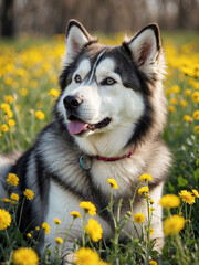 beautiful malamute dog lying in spring meadow with dandelions 