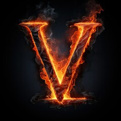 Lava letter V. Fiery stone alphabet font. Burning stone with orange inferno veins and fire.