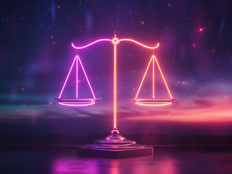 A neon Libra scale balances perfectly in the night its light a minimalist symbol of harmony and justice among the stars. Generative ai.