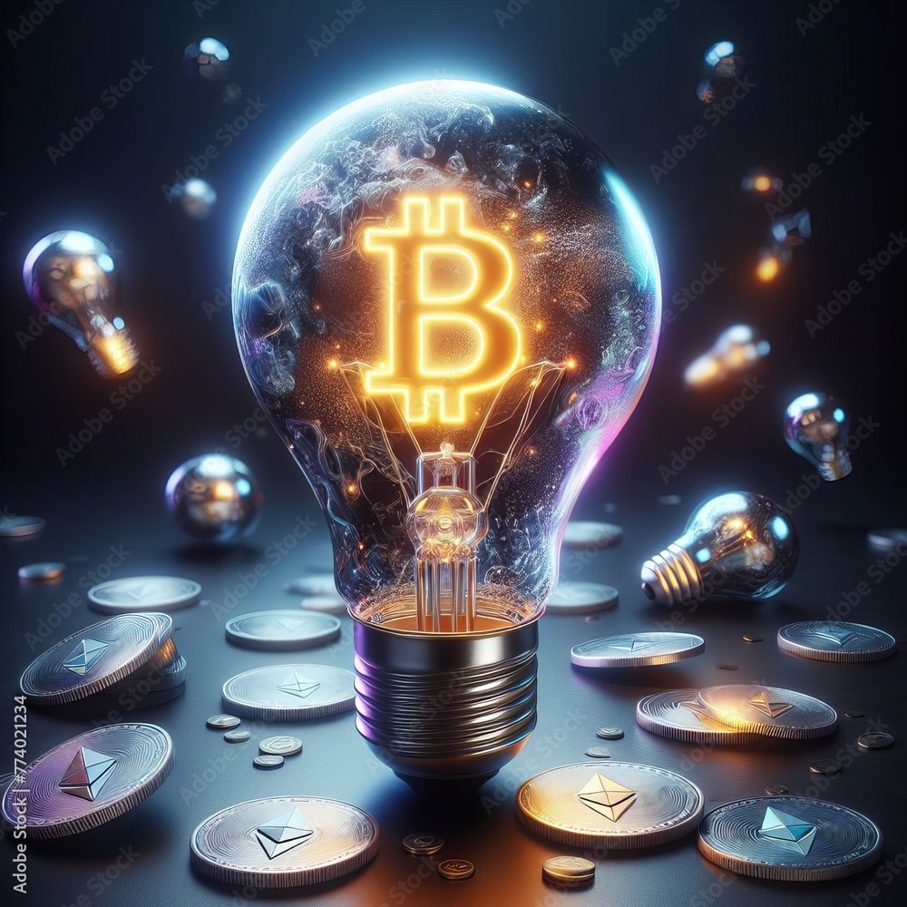 Poster a visually captivating depiction of a glowing bitcoin symbol inside a light bulb, surrounded by coin