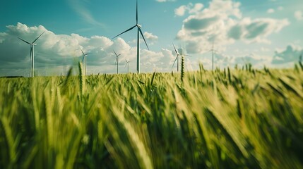 a photo of a green field with some wind energy units, bright warm afternoon daylight, Intricate details,