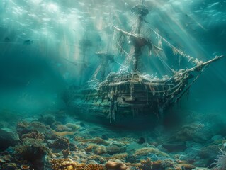 Sunken Pirate Ship in Tranquil Underwater Scene - obrazy, fototapety, plakaty