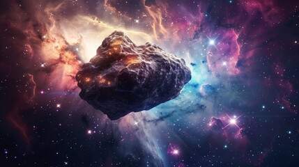 Asteroid Floating in Colorful Cosmic Space - obrazy, fototapety, plakaty
