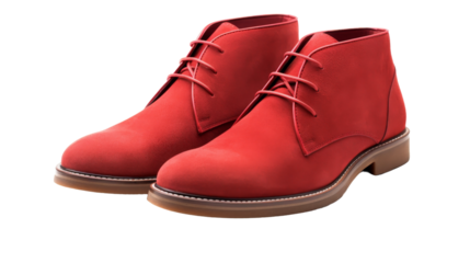 A vibrant pair of red shoes stand out against a clean white background