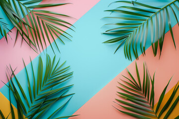 Fototapeta na wymiar Vibrant Tropical Palm Leaves on Pastel Geometric Background