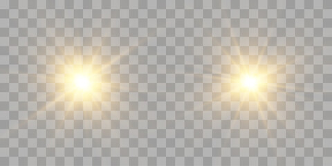 Vector transparent sunlight set, special flash light effect. Glow light effect, bright sun or spotlight beams. Light png. Decor element isolated on transparent background