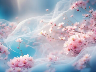 spring pink flowers with ethereal veil in blue and pink tonality like romantic floral  background