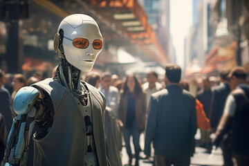 A humanoid robot with artificial intelligence stands among pedestrians on a busy city street in the future