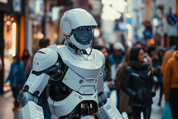 A humanoid robot with artificial intelligence walks among pedestrians on a busy city street in the distant future.